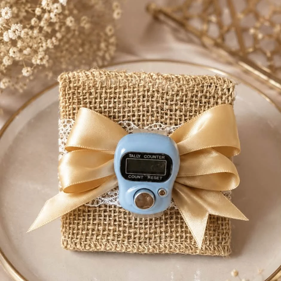 A close look at gold satin ribbon and textured burlap gift wrapping
