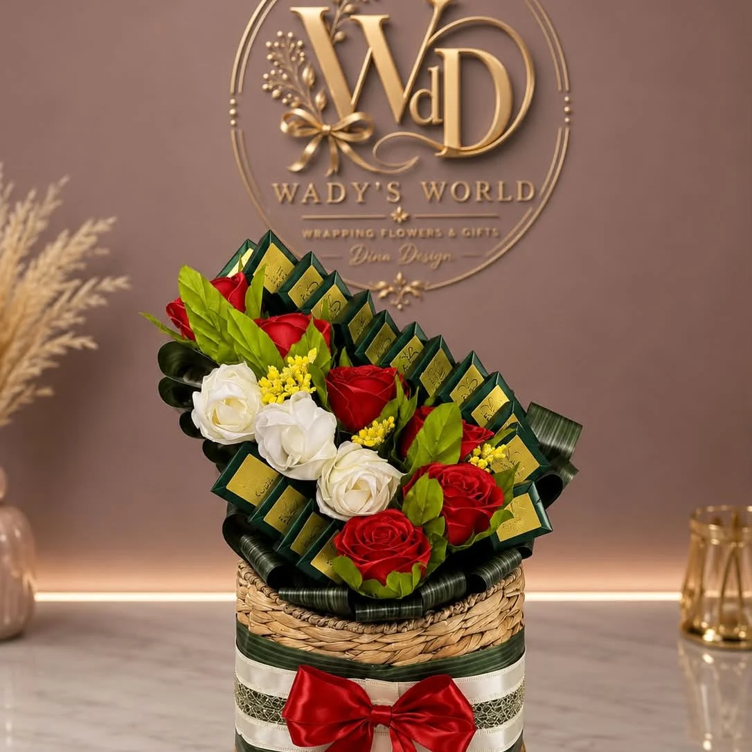 Red and white rose gift hamper with gold details, created by Wady’s World